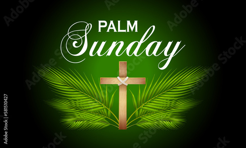 Palm Sunday background. It has a cross surrounded by palm leaves.Photo/raster illustration