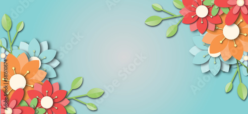 Paper pink flower. 3d illustration, vivid paper flowers, bright holiday floral background. Easter wallpaper, spring theme. space for text banner