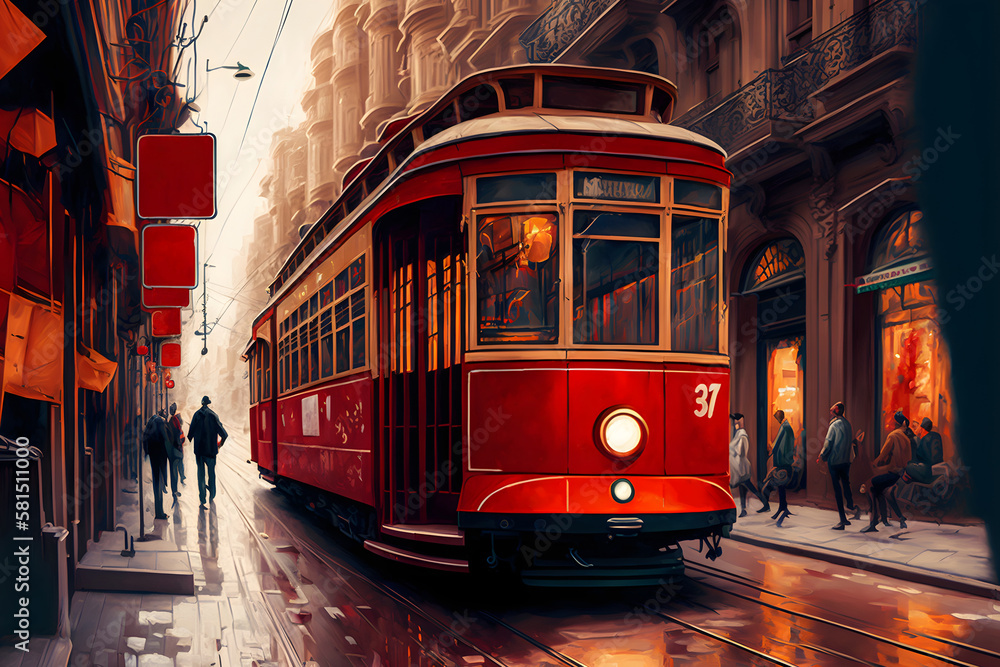 Abstract illustration of red tram on famous Istiklal street in Istanbul, AI generated