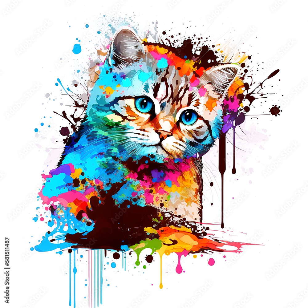 A cute kitty. The cat pop art illustration is creatively painted with an explosion of colours on a white background. A lovely picture of a pet.