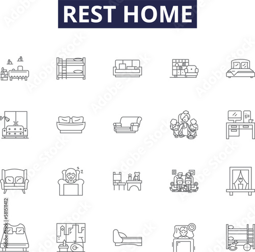 Rest home line vector icons and signs. Home, Care, Elderly, Sanctuary, Respite, Assisted, Living, Residence outline vector illustration set
