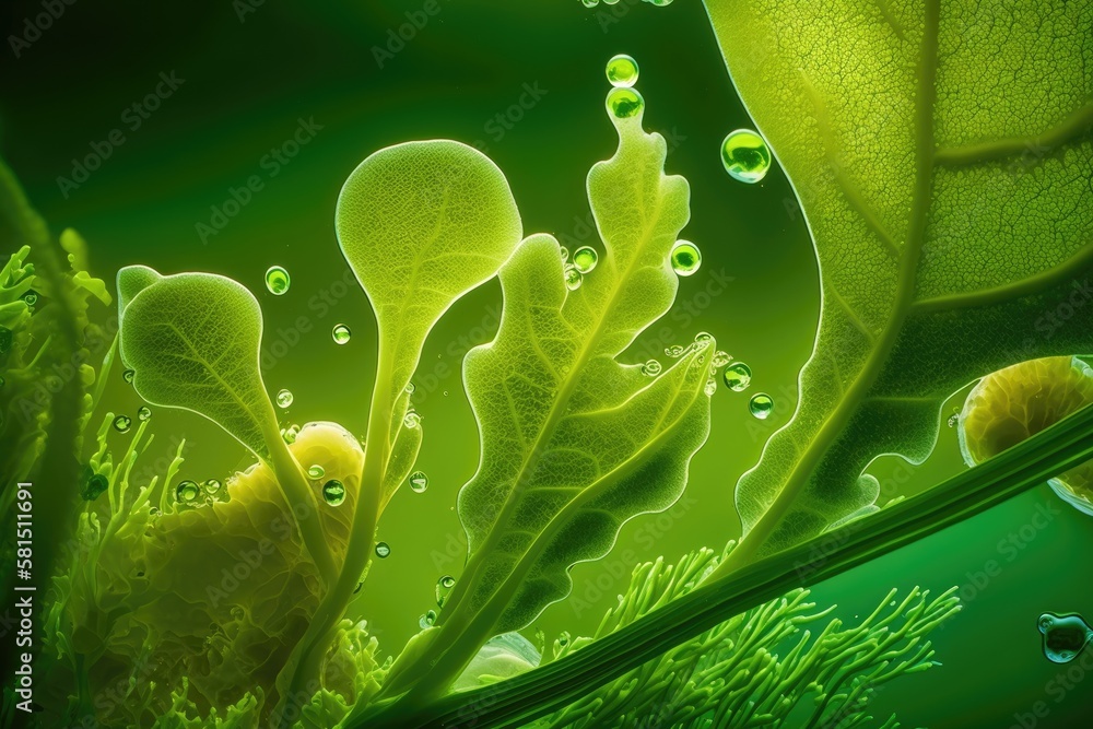 Background of green algae in nature, water sea plant research in an ...