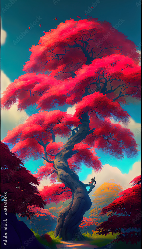 Japanese fairytale pink maple tree. AI render Stock Illustration ...