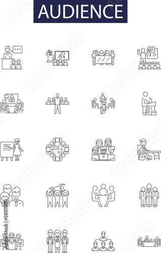 Audience line vector icons and signs. Viewers, Spectators, Clients, Consumers, Observers, Followers, Crowd, Participants outline vector illustration set