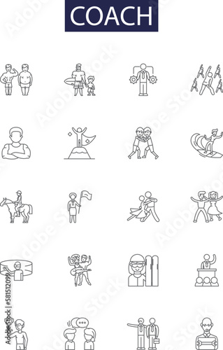 Coach line vector icons and signs. Trainer, Adviser, Guide, Tutor, Facilitator, Consultant, Instructor, Director outline vector illustration set