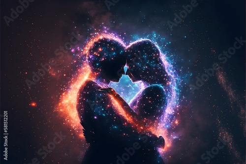 abstract background of couple of lovers silhouettes in colorful neon lights, AI generated