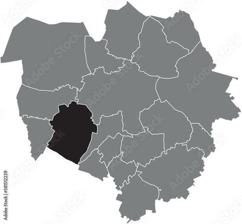 Black flat blank highlighted location map of the CUESMES DISTRICT inside gray administrative map of MONS, Belgium