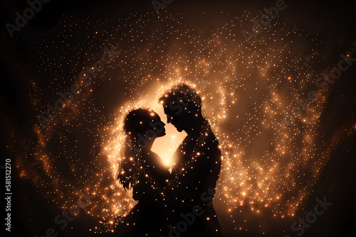 abstract background of couple of lovers silhouettes in gold lights, AI generated