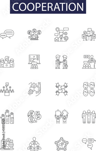 Cooperation line vector icons and signs. fellowship, unity, harmony, alliance, coordination, union, concord, concurrence outline vector illustration set