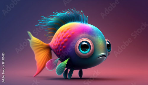 Cute strange little fish colorful tail and big eyes. Generative AI. © Azril