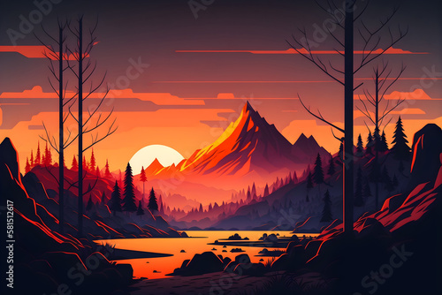 Simple illustration of mountains on the sunset, AI generated