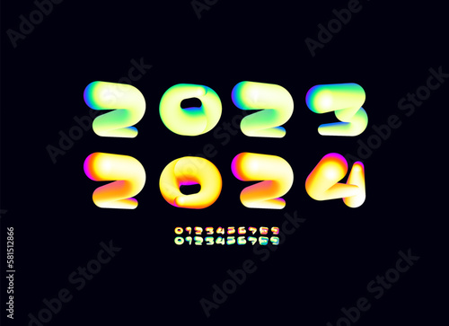 3D neon New Year 2023 2024 bright bubble text design for holiday design banner, flyer, calendar, poster, invitation, annual report, vector illustration 10eps
