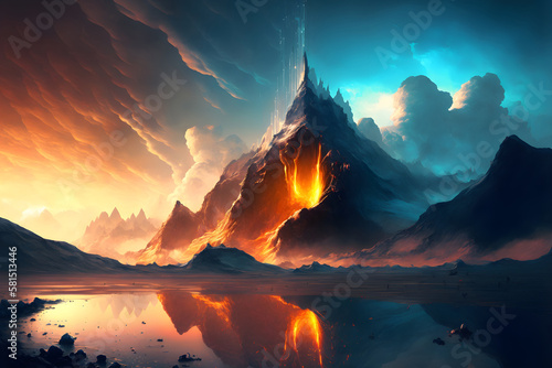 Fantasy sunset in mountains, AI generated