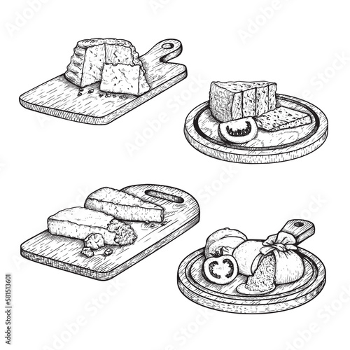 Traditional Italian cheese set. Ricotta, Burratta, Gorgonzola and Parmesan with basil leaves and tomatoes on the cutting wooden board. Hand drawn sketch style. Vector illustration isolated on white.