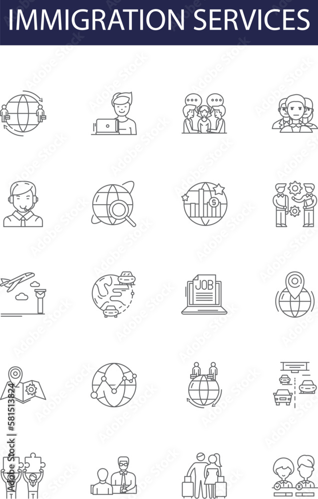 Immigration services line vector icons and signs. Services, Visa, Consultants, Lawyer, Processing, Applications, Residency, Green Card outline vector illustration set - obrazy, fototapety, plakaty 