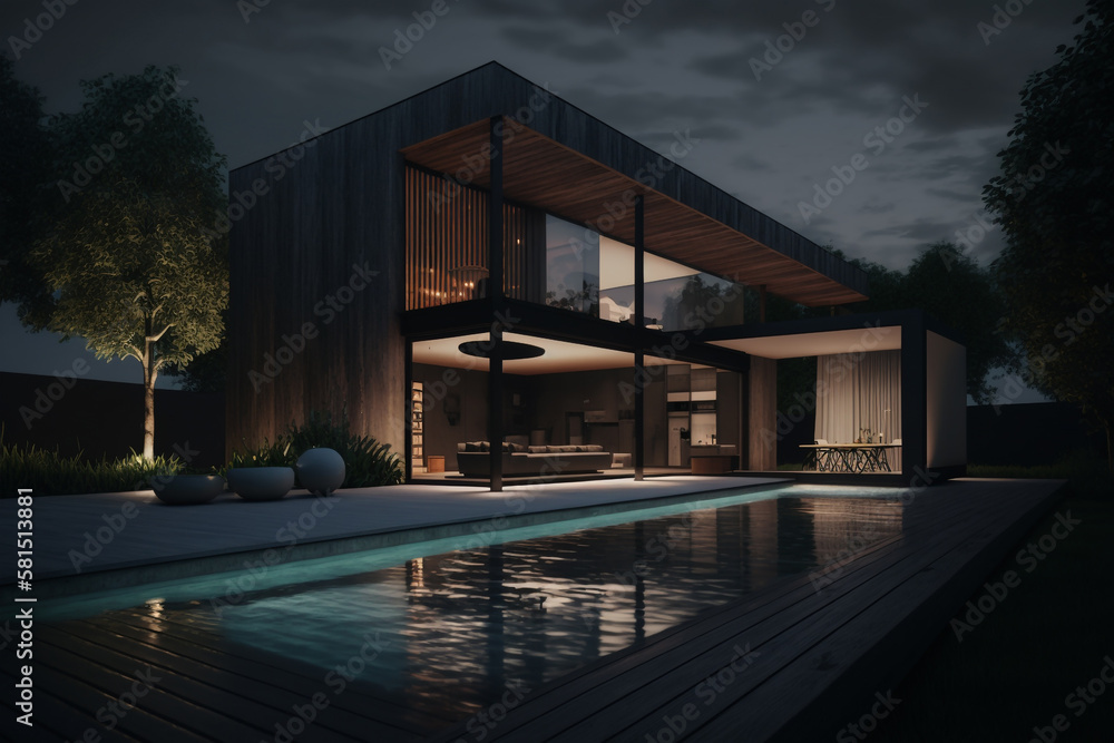 Exterior, black luxury house with swimming pool, night, concept modern villa, Generative AI