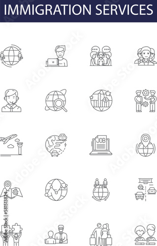 Immigration services line vector icons and signs. Services, Visa, Consultants, Lawyer, Processing, Applications, Residency, Green Card outline vector illustration set