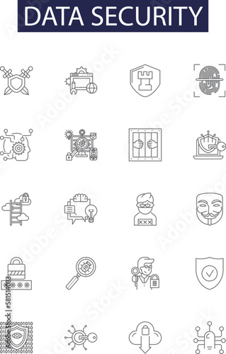 Data security line vector icons and signs. Security, Encryption, Privacy, Access, Network, Antivirus, Malware, Firewall outline vector illustration set