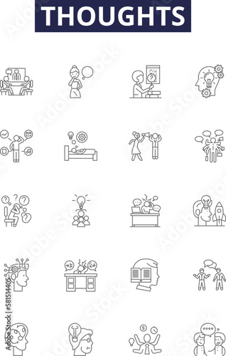 Thoughts line vector icons and signs. Reflections, Concepts, Notions, Meditations, musings, contemplations, Imagination, Realizations outline vector illustration set