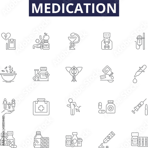 Medication line vector icons and signs. Drugs, Pills, Capsules, Syrups, Injections, Meds, Elixir, Remedies outline vector illustration set