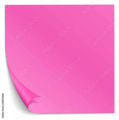 Blank pink sticky note. Curled corner paper