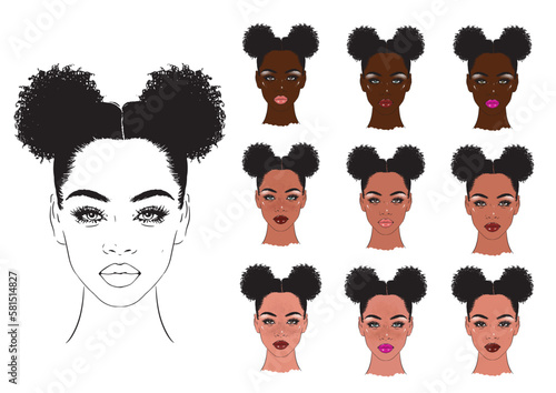 Black woman character. Different skin color. Afro girl. Fashin illustration