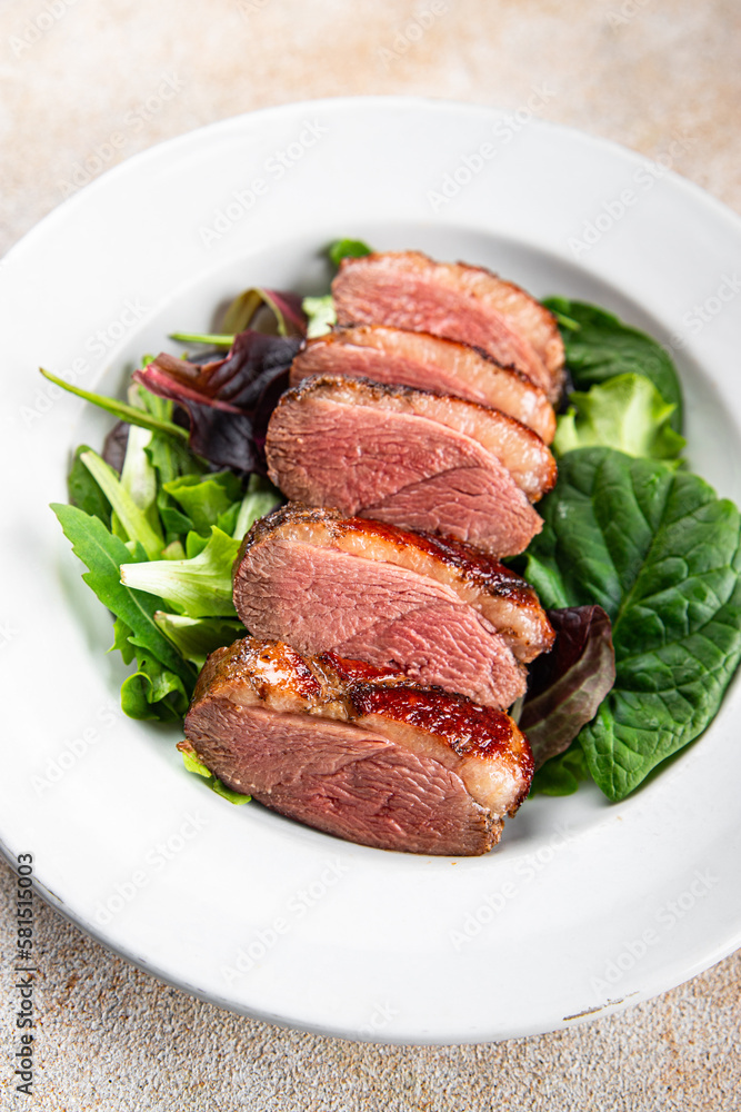 duck breast roasted second course fresh poultry meat meal food snack on the table copy space food background rustic top view duck breast roasted second course fresh poultry meat meal food snack on the table copy space food background rustic top view