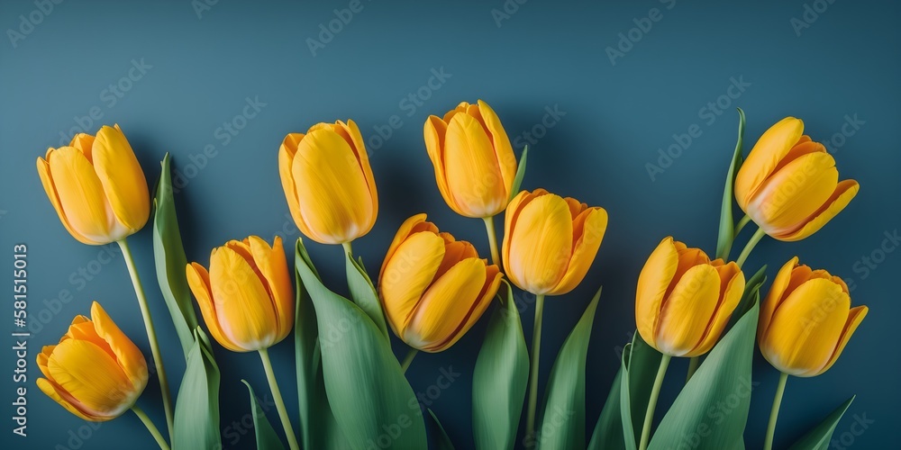 Yellow tulips flowers on blue background