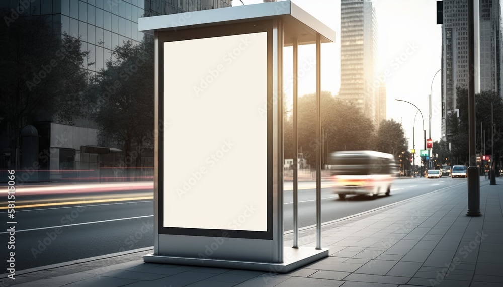 Blank street billboard poster stand on city background, generative ai