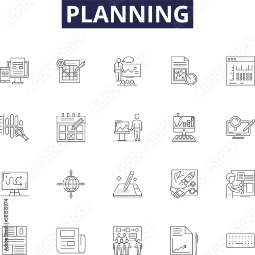 Planning line vector icons and signs. Charting, Scheduling, Estimating, Forecasting, Arranging, Designing, Mapping, Devising outline vector illustration set