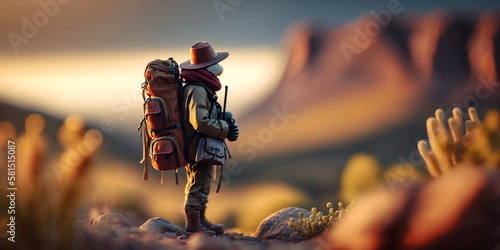 Adventure journey concept, miniture figurine adventurer hiking in mountains with sunset. Generative Ai