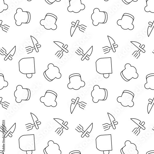 Seamless vector repeating pattern of cup, chef hat, knife and fork. It can be used for web sites, apps, clothes, covers, banners etc