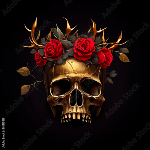 Black skull with golden flowers, botanical elements. Generative AI technology.