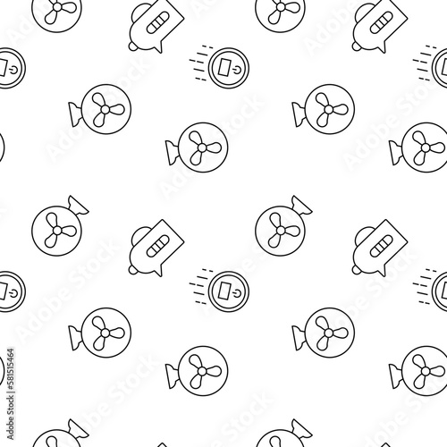 Seamless vector repeating pattern of robot vacuum cleaner, teapot, fan made of line icons for polygraphy and websites