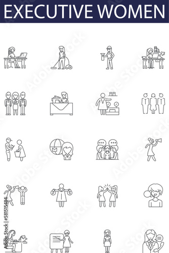 Executive women line vector icons and signs. Women, Female, Leaders, Progressives, Entrepreneurs, Professionals, Managers, CEOs outline vector illustration set
