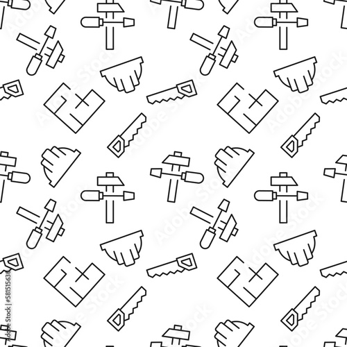 Vector seamless pattern of saw, builder helmet, hammer and screwdriver, floor plan on white background. It can be used for textile, backgrounds, placards