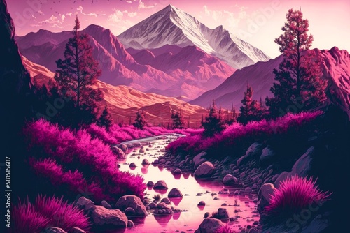 beaful landscape in purple pink tones with mountain river, created with generative ai photo