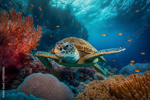 Big turtle swimming  colorful underwater background with coral riffs  AI generated