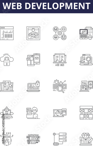 Web development line vector icons and signs. development, HTML, CSS, JavaScript, jQuery, PHP, Node, API outline vector illustration set photo