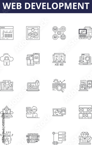 Web development line vector icons and signs. development, HTML, CSS, JavaScript, jQuery, PHP, Node, API outline vector illustration set