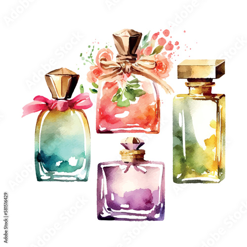 Watercolor Perfume bottle with flowers. Vector illustration. Fashion and style
