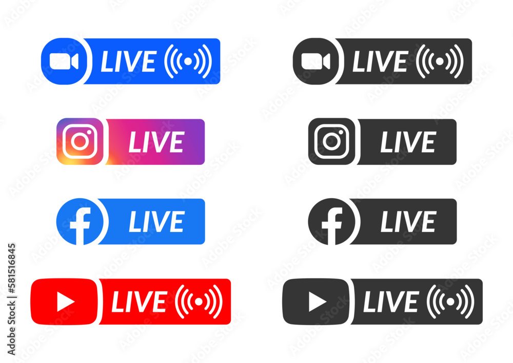 Streaming live social media icons set, zoom, instagram, facebook