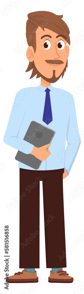 Man in formal clothes holding tablet. Office worker character