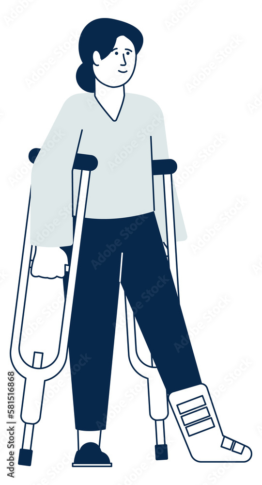 Young woman walking on crutches. Person with injured leg Young woman walking on crutches. Person with injured leg