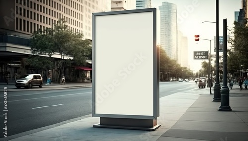 Blank street billboard poster stand on city background, generative ai