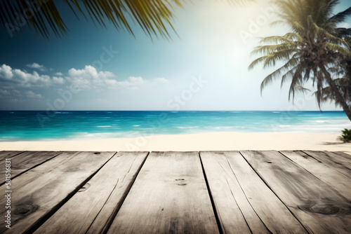 Wooden mockup template surface with blurred palms and ocean on the background © Elena