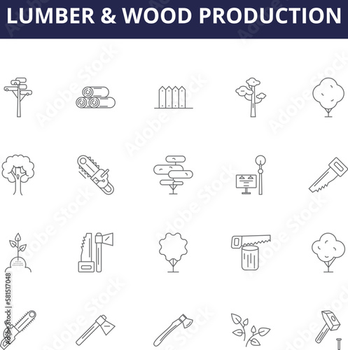 Lumber & wood production line vector icons and signs. Sawmilling, Timbering, Harvesting, Cutting, Manufacturing, Sorting, Drilling, Planing outline vector illustration set