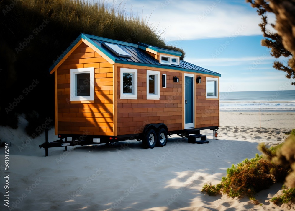 Wooden tiny house on wheel parked on the beach. Seaside. Generative AI