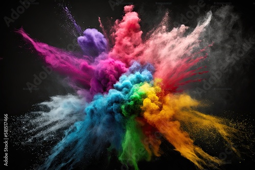 An image of a multicolor powder explosion on a black background, with a realistic photo of a seamless texture. Generative AI