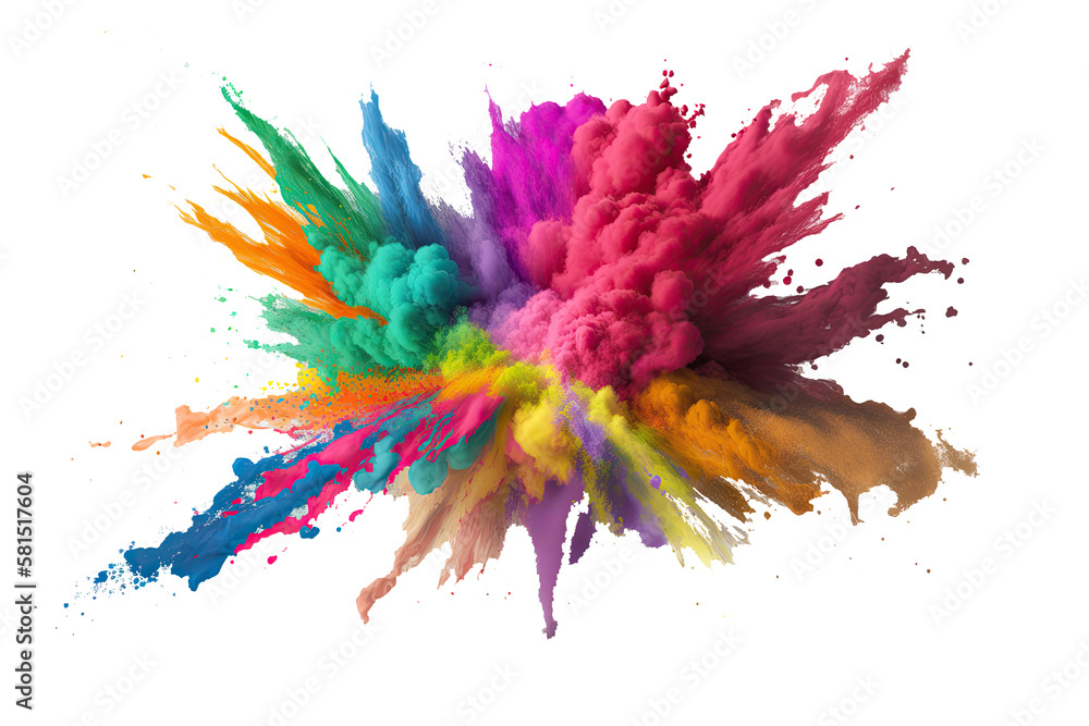 Holi color powder explosion with rainbow on isolated white background, burst of vibrant colors. Generative AI Holi color powder explosion with rainbow on isolated white background, burst of vibrant colors. Generative AI